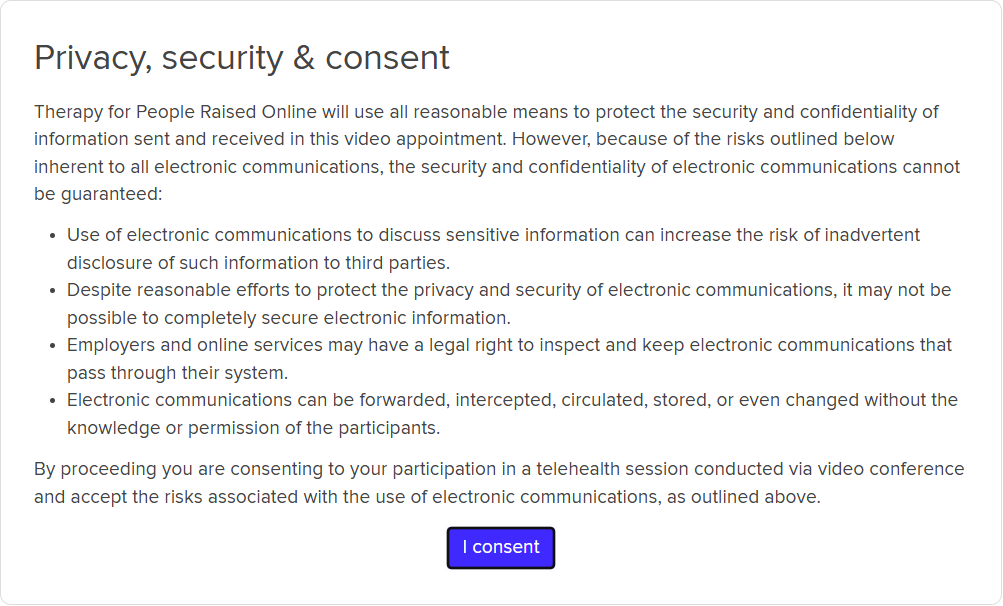 Example: Jane's privacy, security and consent page, with an I consent button.