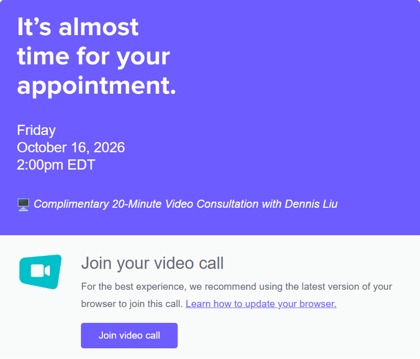 Example: Jane's reminder email, with a Join video call button.